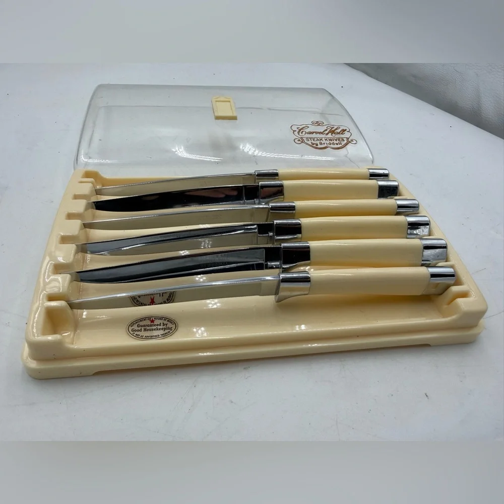 Vintage Carvel Hall Steak Knives 6 Pc Knife Set Ivory Color in Case USA,